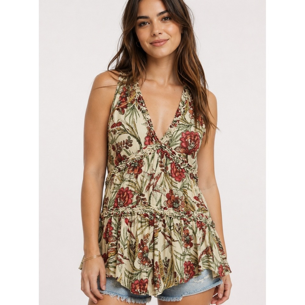Free People Hummingbird Floral Smocked Tiered Mini Dress Cream Pink Small